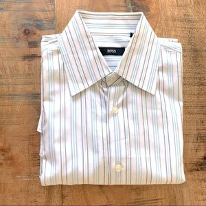 HUGO BOSS Mens' dress shirt 15.5/39 White blue pinstripe 100%cotton NWOT